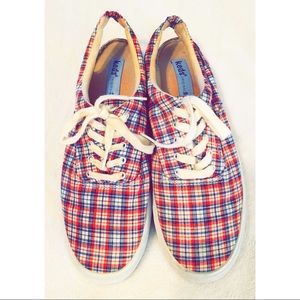 Vintage red,white and blue plaid slingback canvas Keds